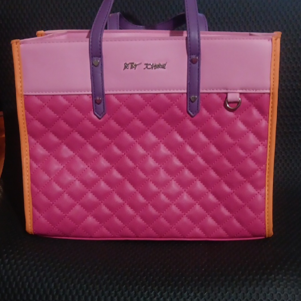 Pink Quilted Tote with Purple Handles and Orange Trim